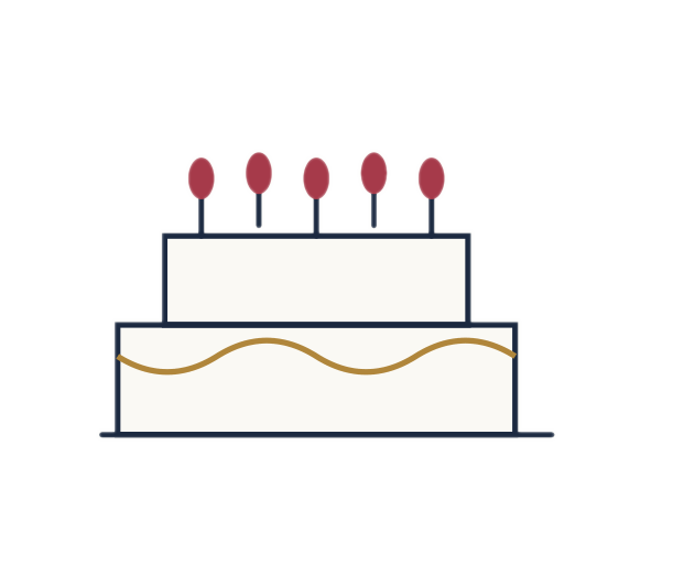Line-drawn birthday cake with five candles