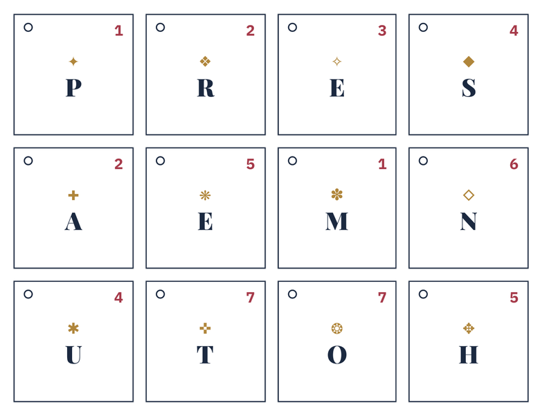 Recovered gift tags — a twelve-tile letter grid