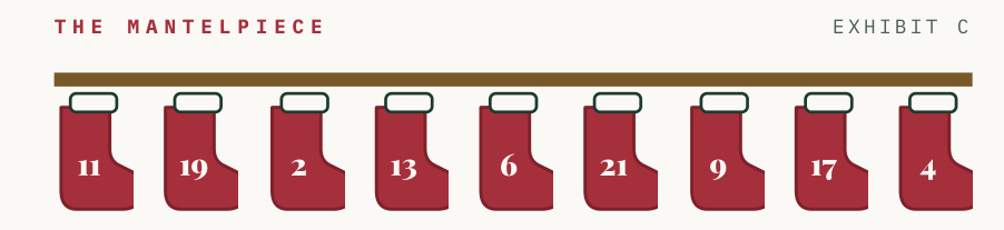 Mantelpiece exhibit — nine numbered stockings